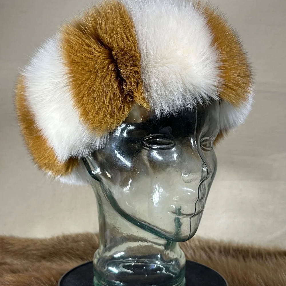 White and Tan Fox Fur Headband - Picture 5 of 6
